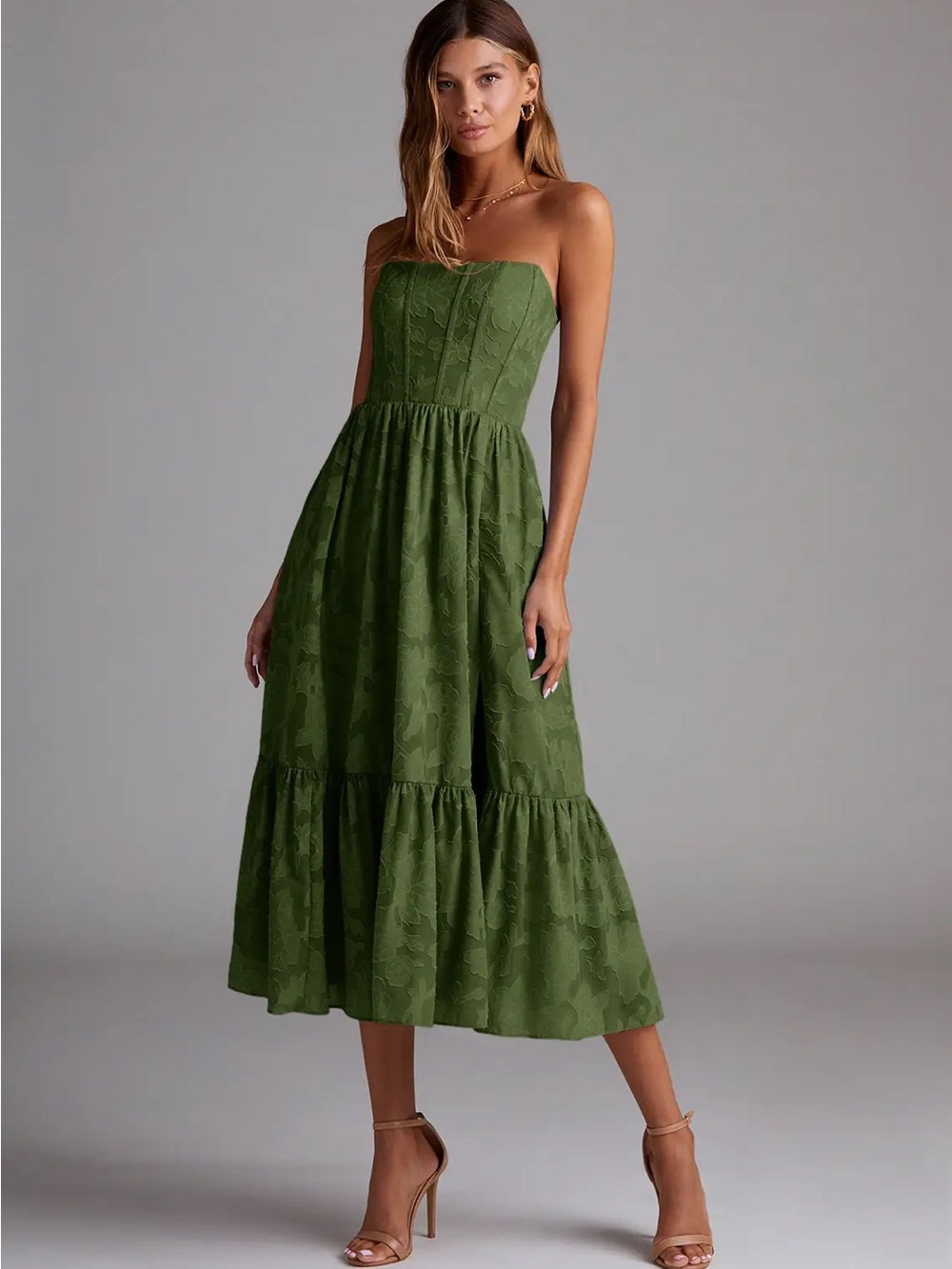 Azazie Olive Green Strapless Tiered Midi Dress